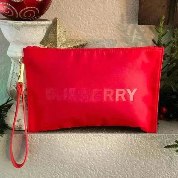 Burberry pouch red  nylon rubber BURBERRY with strap carabiner handle nwot - Picture 1 of 15